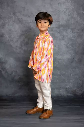 Boys multicolored cotton linen digital printed kurta with pant