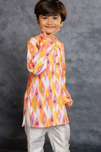 Boys multicolored cotton linen digital printed kurta with pant
