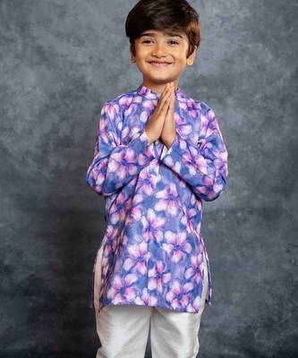 Boys cotton linen digital printed purple kurta with pant 1