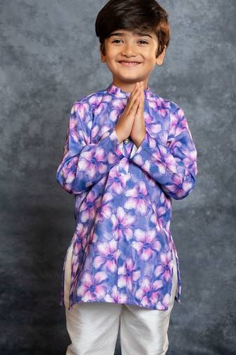 Boys cotton linen digital printed purple kurta with pant