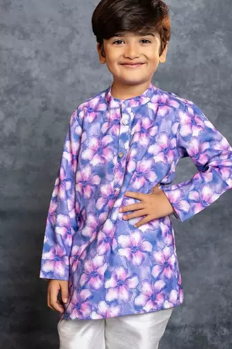 Boys cotton linen digital printed purple kurta with pant