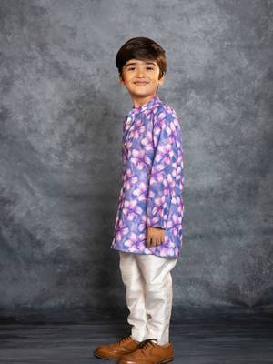 Boys cotton linen digital printed purple kurta with pant 3