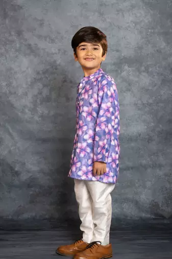 Boys cotton linen digital printed purple kurta with pant