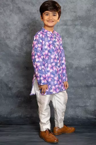 Boys cotton linen digital printed purple kurta with pant