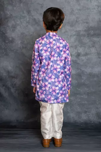 Boys cotton linen digital printed purple kurta with pant