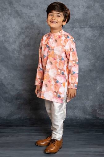 Boys cotton linen digital printed rust kurta with pant