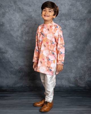 Boys cotton linen digital printed rust kurta with pant 2