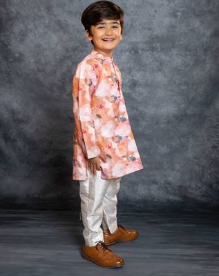 Boys cotton linen digital printed rust kurta with pant 3