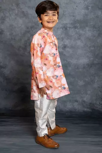 Boys cotton linen digital printed rust kurta with pant