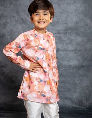 Boys cotton linen digital printed rust kurta with pant 5