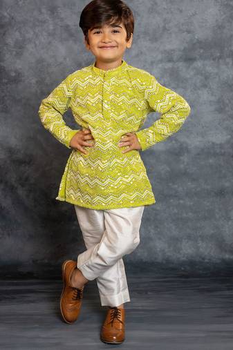 Boys green embroidered kurta and pant