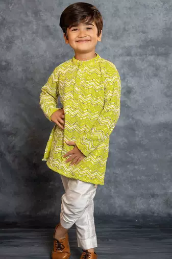 Boys green embroidered kurta and pant