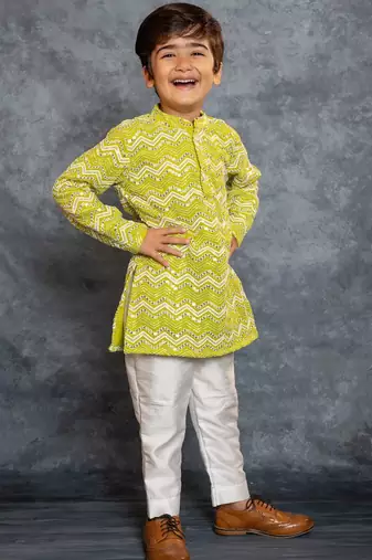 Boys green embroidered kurta and pant