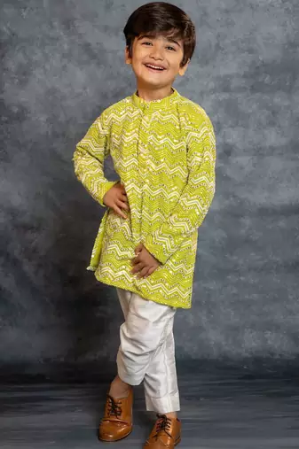 Boys green embroidered kurta and pant