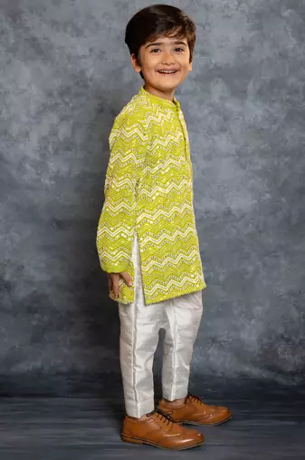 Boys green embroidered kurta and pant