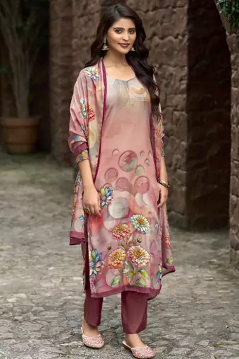 Mauve silk crepe floral printed straight kurta with comfort fitting pant & printed dupatta