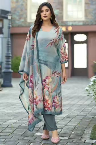 Sea green silk crepe floral printed straight kurta with comfort fitting pant & printed dupatta