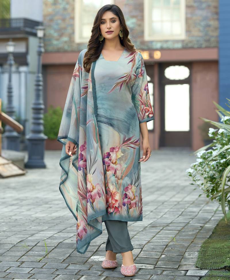 Sea green silk crepe floral printed straight kurta with comfort fitting pant & printed dupatta