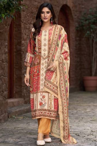 Multicolor silk crepe geometric printed straight kurta with comfort fitting pant & printed dupatta