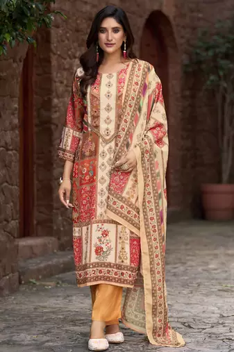 Multicolor silk crepe geometric printed straight kurta with comfort fitting pant & printed dupatta