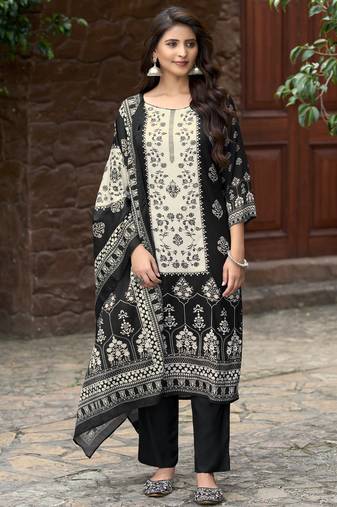 Black silk crepe floral printed straight kurta with comfort fitting pant & printed dupatta