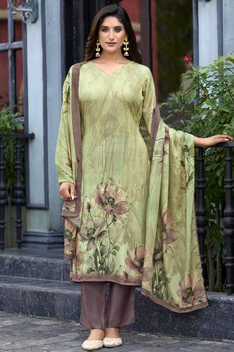 Green silk crepe floral printed straight kurta with comfort fitting pant & printed dupatta