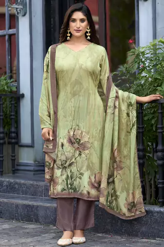 Green silk crepe floral printed straight kurta with comfort fitting pant & printed dupatta
