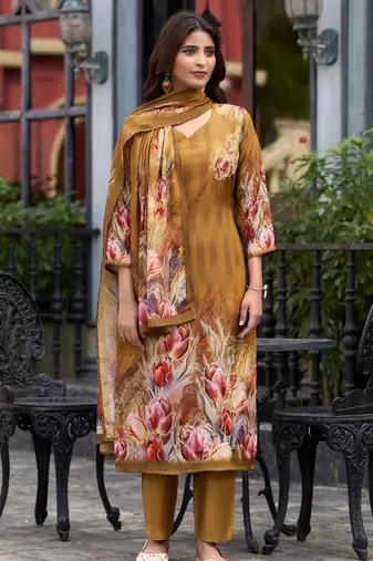Mustard silk crepe floral printed straight kurta with comfort fitting pant & printed dupatta