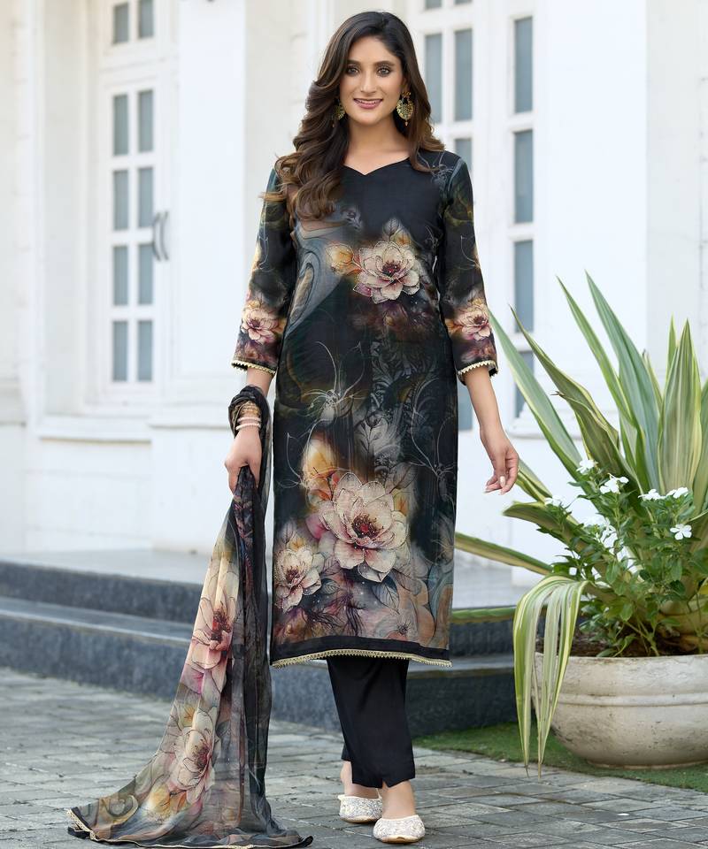Black organza floral printed straight kurta with comfort fitting pant & printed dupatta