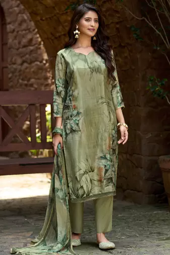 Olive green pure ho organza floral printed straight kurta with comfort fitting pant & printed dupatta