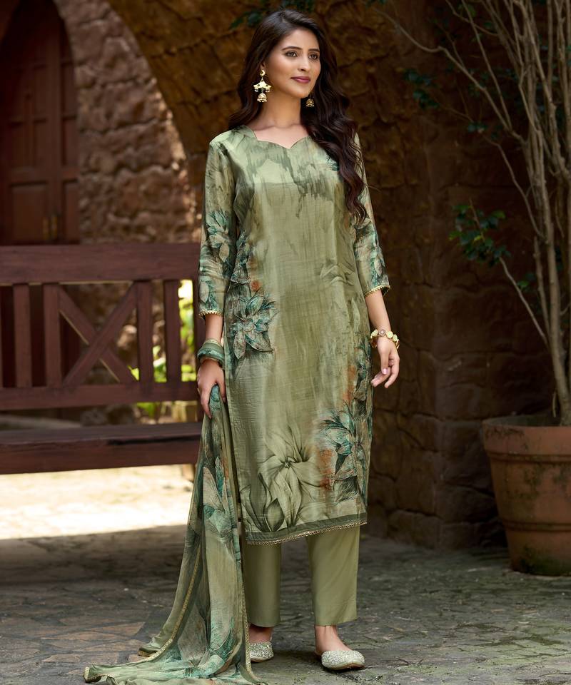 Olive green pure ho organza floral printed straight kurta with comfort fitting pant & printed dupatta