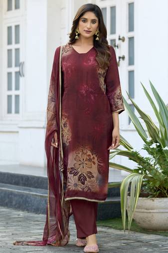Maroon pure ho organza floral printed straight kurta with comfort fitting pant & printed dupatta