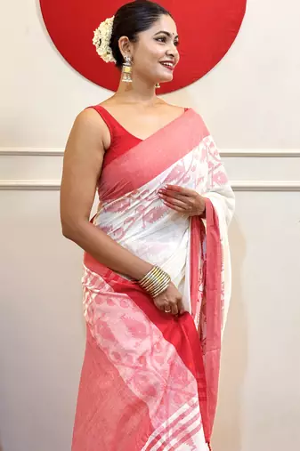 White-red-bengal-cotton-saree-without blouse piece