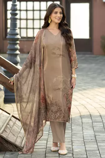 Brown pure ho organza floral printed straight kurta with comfort fitting pant & printed dupatta