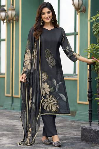 Black pure ho organza floral printed straight kurta with comfort fitting pant & printed dupatta