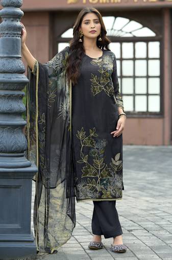 Black pure ho organza floral printed straight kurta with comfort fitting pant & printed dupatta