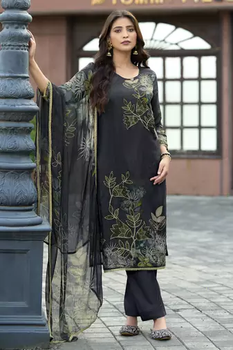 Black pure ho organza floral printed straight kurta with comfort fitting pant & printed dupatta