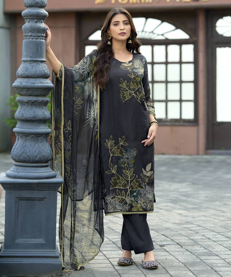 Black pure ho organza floral printed straight kurta with comfort fitting pant & printed dupatta