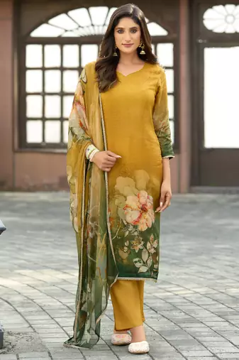 Mustard pure ho organza floral printed straight kurta with comfort fitting pant & printed dupatta