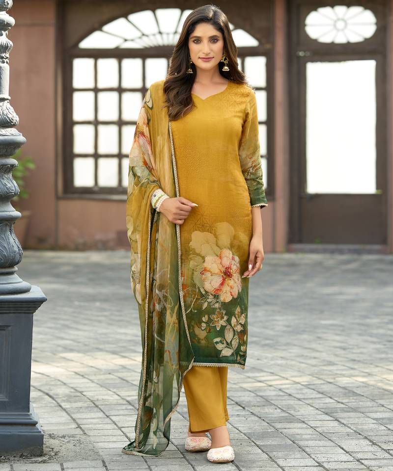 Mustard pure ho organza floral printed straight kurta with comfort fitting pant & printed dupatta