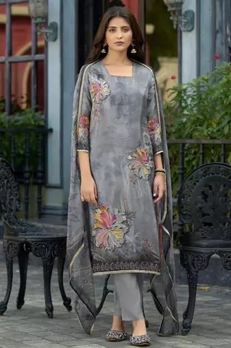 Grey pure ho organza floral printed straight kurta with comfort fitting pant & printed dupatta
