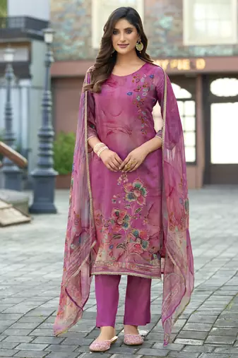 Magenta pure ho organza floral printed straight kurta with comfort fitting pant & printed dupatta