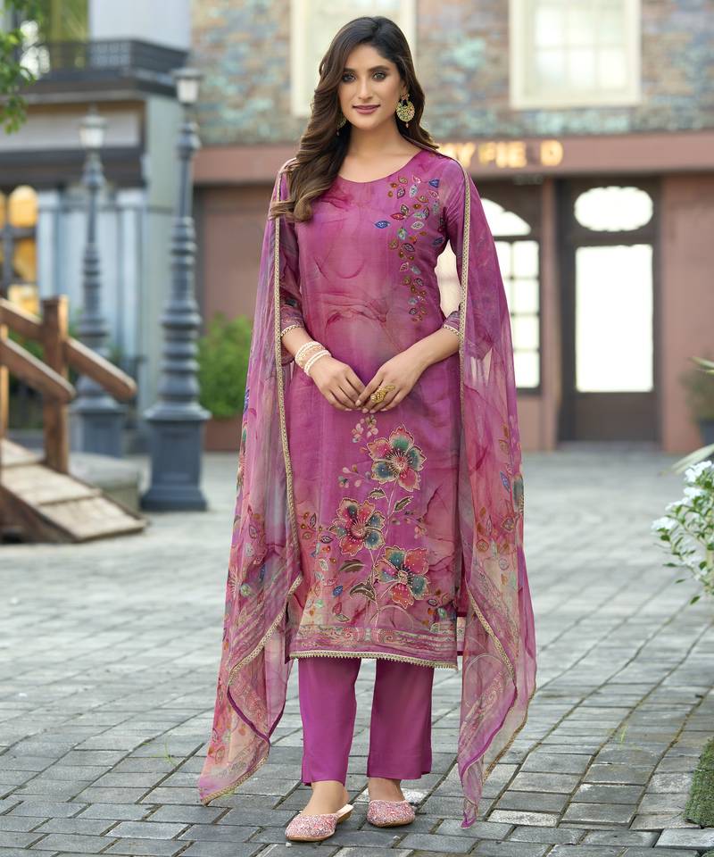 Magenta pure ho organza floral printed straight kurta with comfort fitting pant & printed dupatta