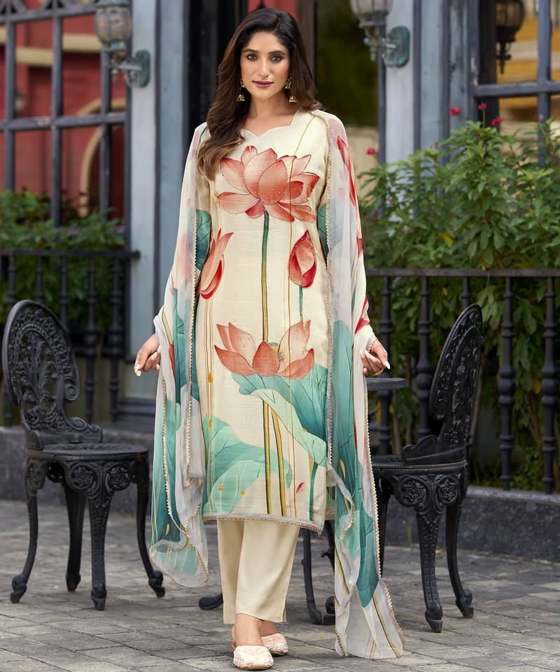 Off-white pure ho organza floral printed straight kurta with comfort fitting pant & printed dupatta