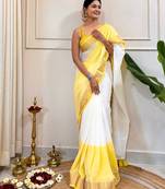 White-yellow-cotton-saree-without blouse piece