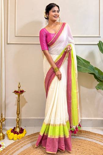 White-green-pink-cotton-saree-without blouse piece