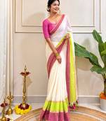 White-green-pink-cotton-saree-without blouse piece