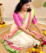 White-green-pink-cotton-saree-without blouse piece