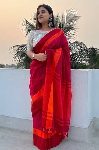 Red-bengal-cotton-saree-without blouse piece