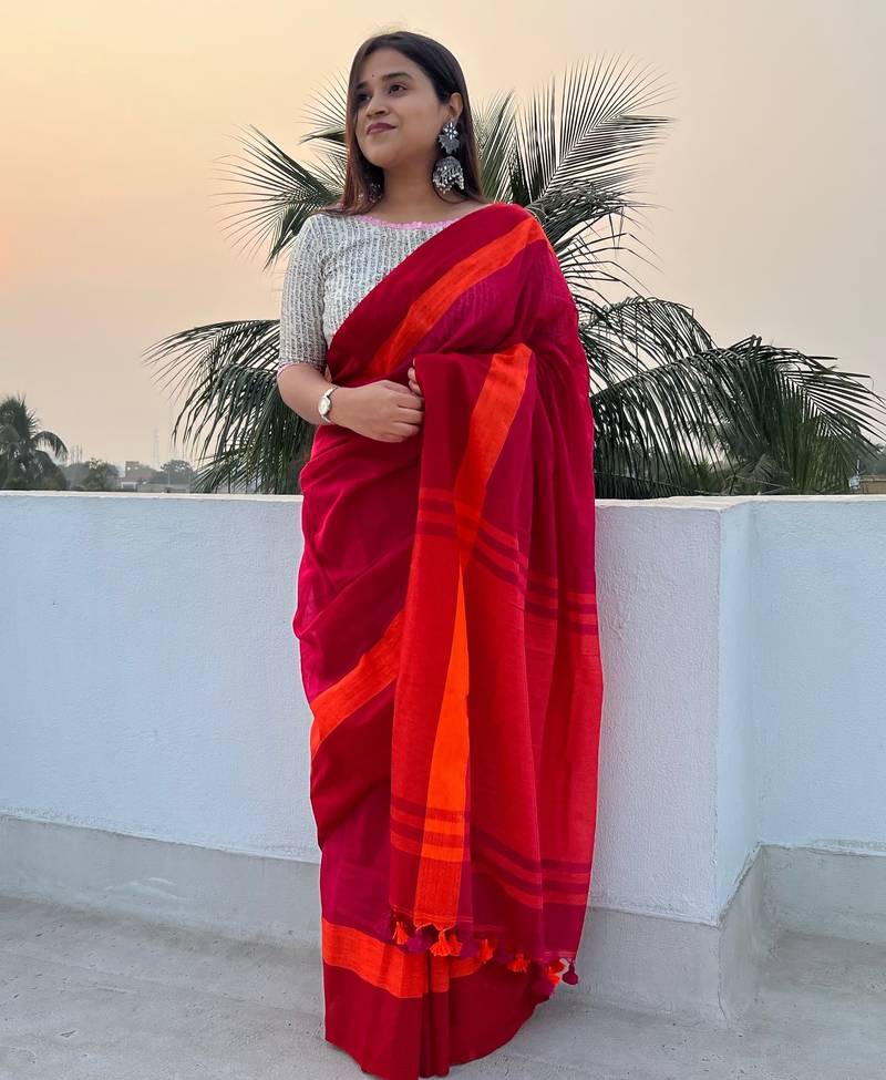 Red-bengal-cotton-saree-without blouse piece